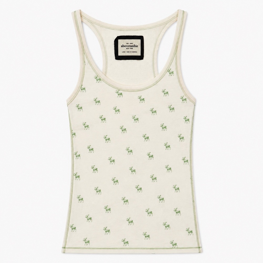 VTG Abercrombie & Fitch Moose Logo Tank Top Womens Size L Cream Green Y2K Preppy